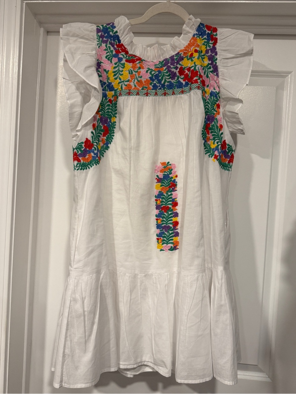 J Marie White Ruffled Sundress with Multicolor Floral Embroidery